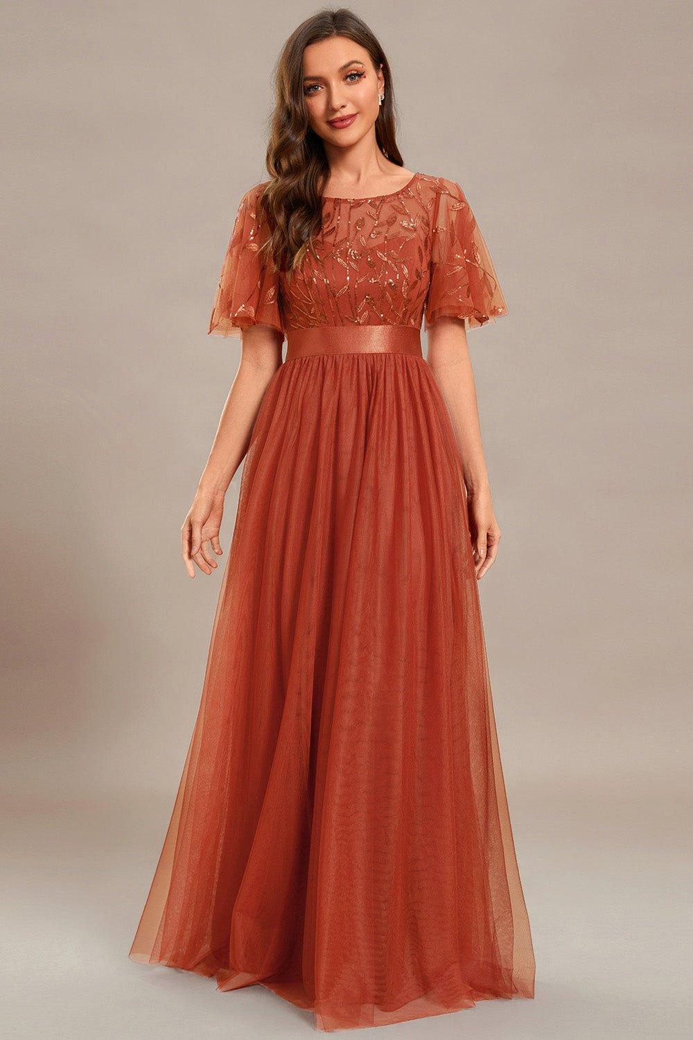 A-line Short Sleeve Embroidery Floor Length Wedding Guest Dresses